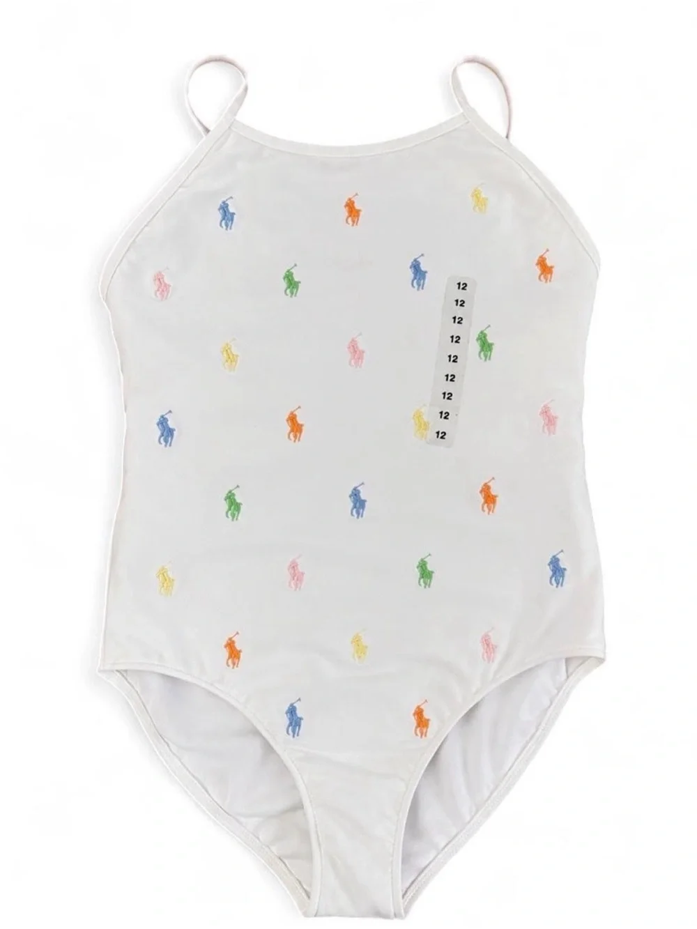 Ralph Lauren White Kids One-Piece Swimsuit with Multicolor Pony Embroidery
